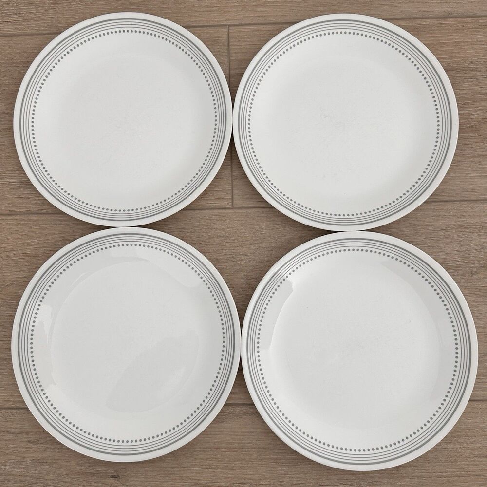 Lot Of 4 Corelle Corning MYSTIC GRAY Livingware Dinner Plates Vitrelle Dots